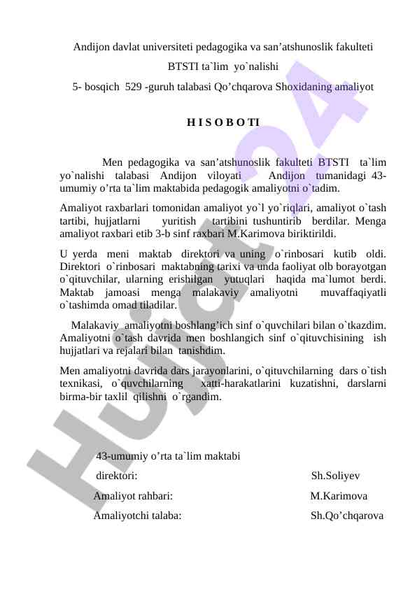 Pedagogik amaliyot bo'yicha hisobot