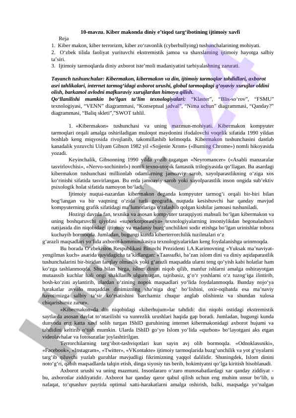 Kiber makonda diniy e’tiqod targ‘iboti va ijtimoiy xavfi