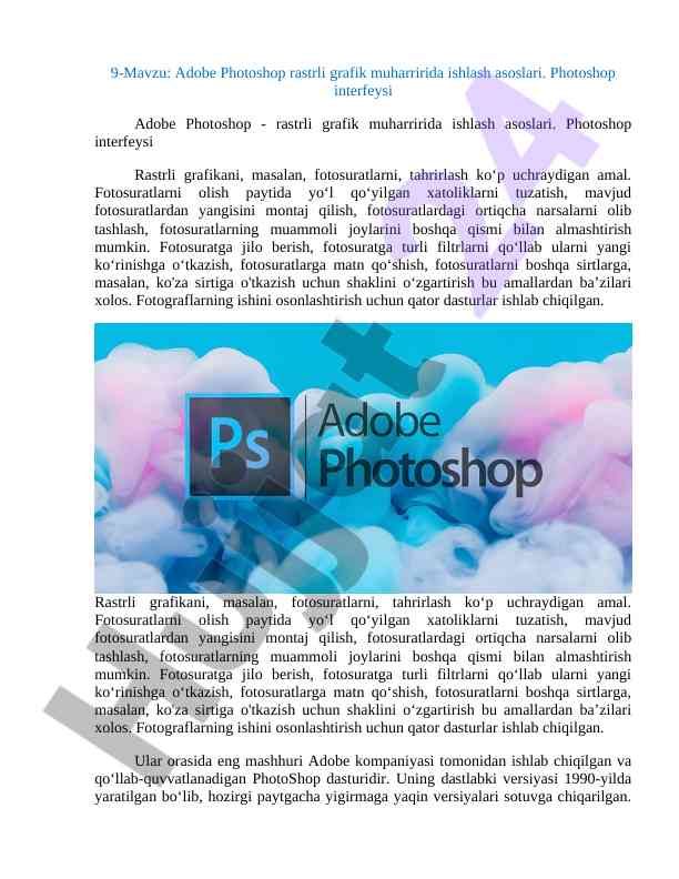 Adobe photoshop rastrli grafik muharriri asoslari