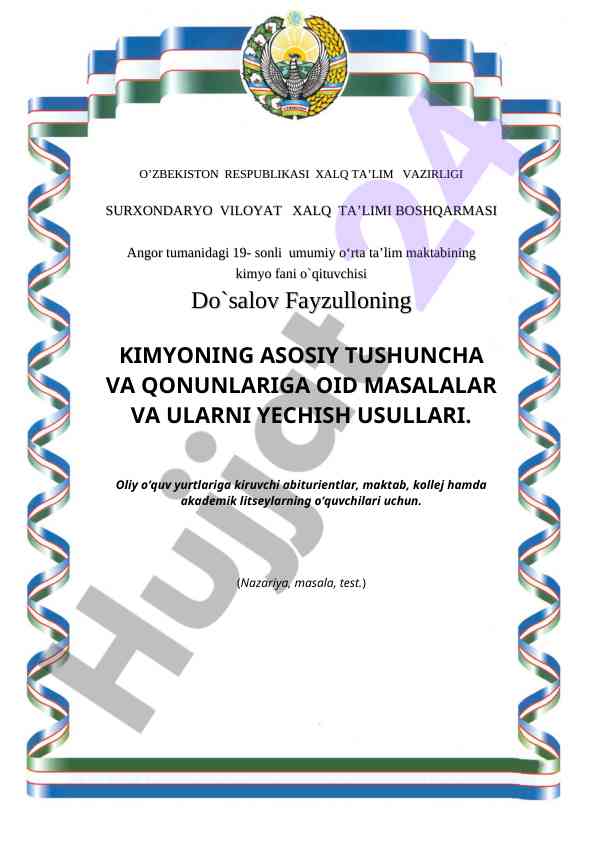 Kimyoning asosiy tushuncha va qonunlariga oid masalalar