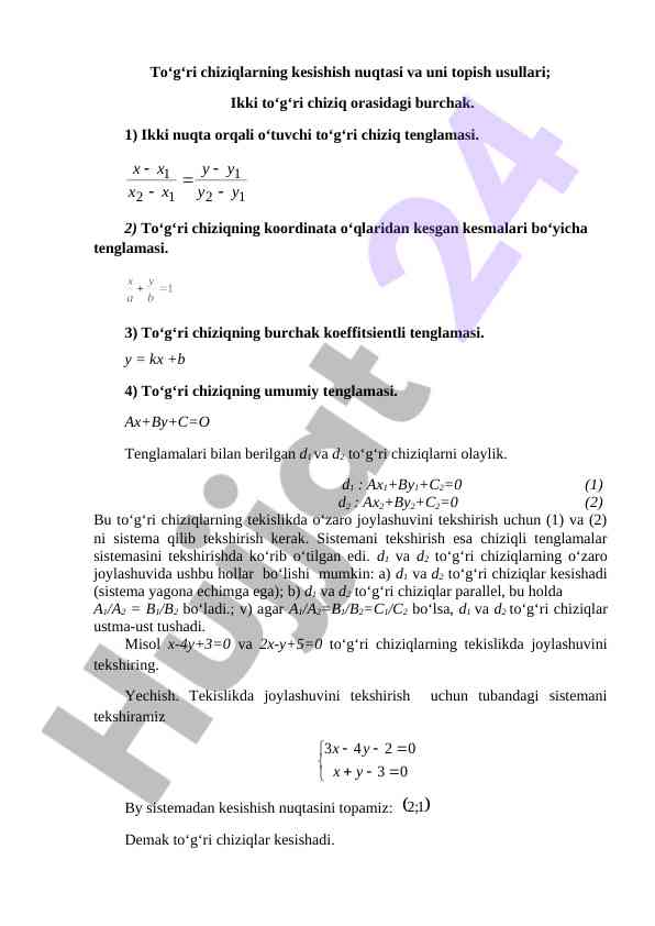 To‘g‘ri chiziqlarning kesishish nuqtasi