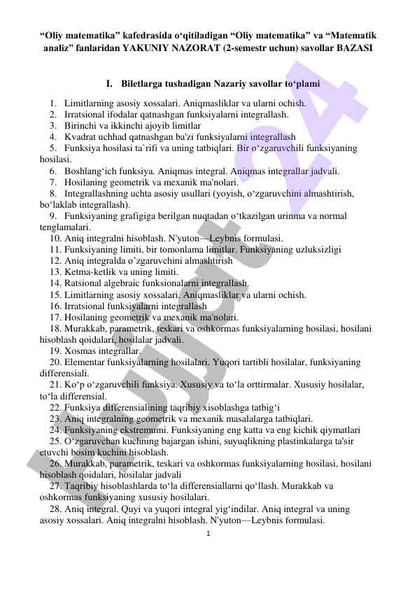 Oliy matematika kursiga yozilish va nazorat savollari