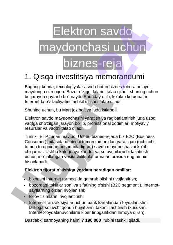 Elektron savdo maydonchasi uchun biznes-reja