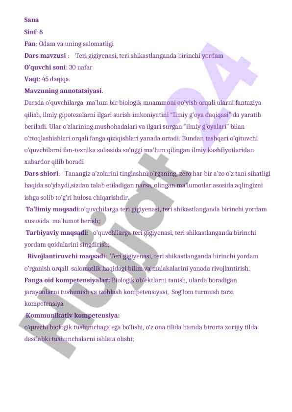 Teri gigiyenasi va birinchi yordam dars mavzusi