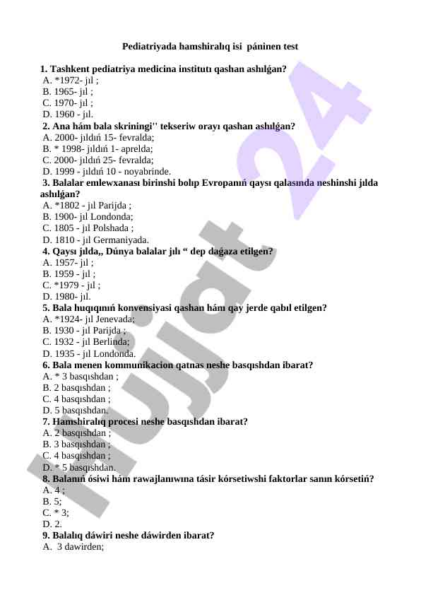 Pediatriya hamshiralik isiga doir test savollari