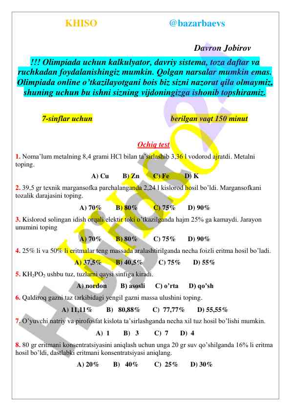 Olimpiada uchun online test savollari
