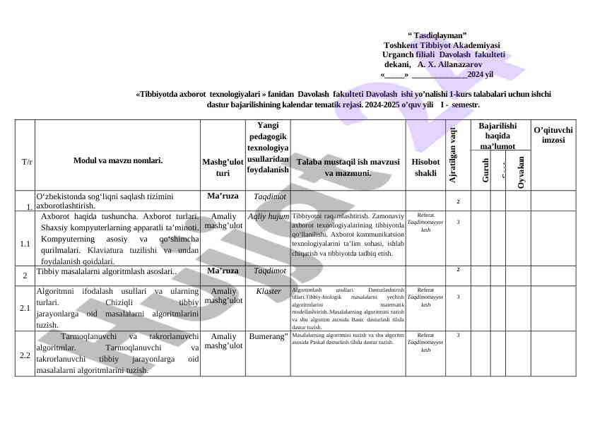 Tibbiyotda axborot texnologiyalari ishchi dasturi