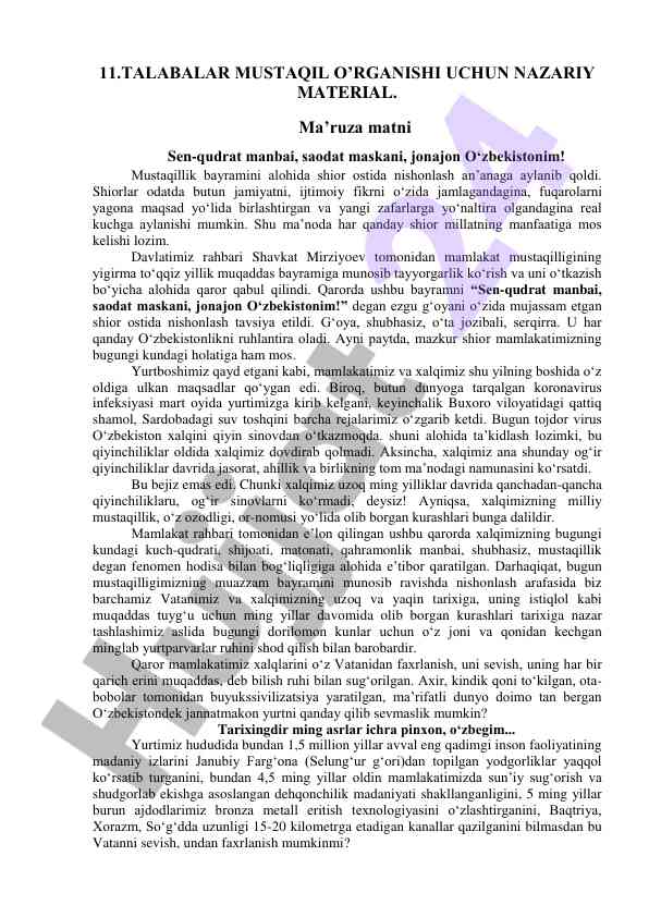 Nazariy materiallar: talabalar mustaqil o’rgani