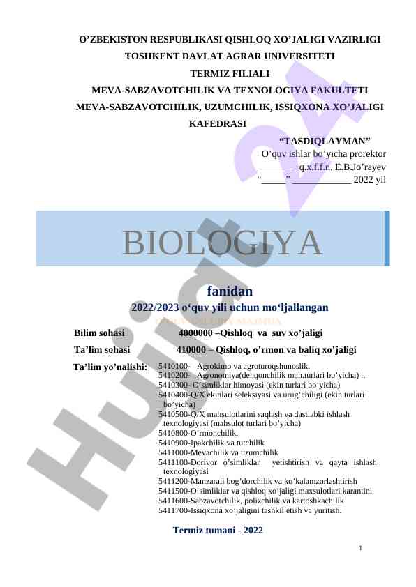 O‘quv-uslubiy majmua bo‘yicha qishloq xo‘jaligi