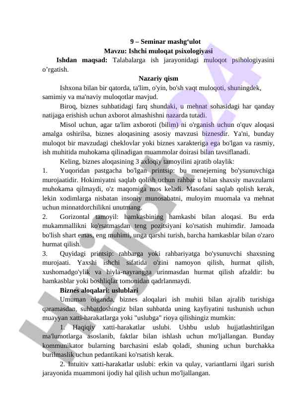 Ishchi muloqat psixologiyasi kursi