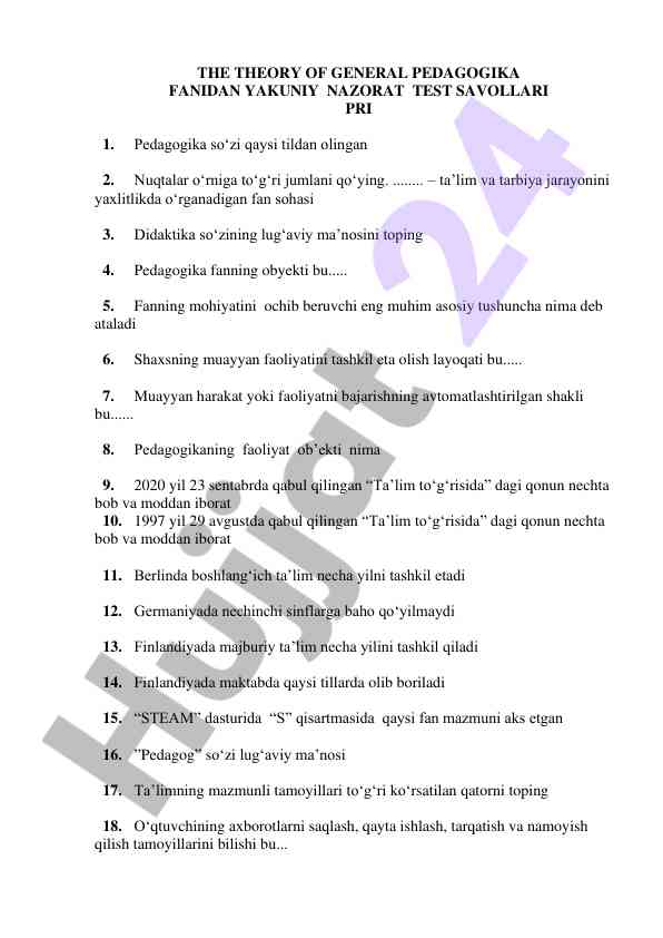 General pedagogika fanidan test savollari