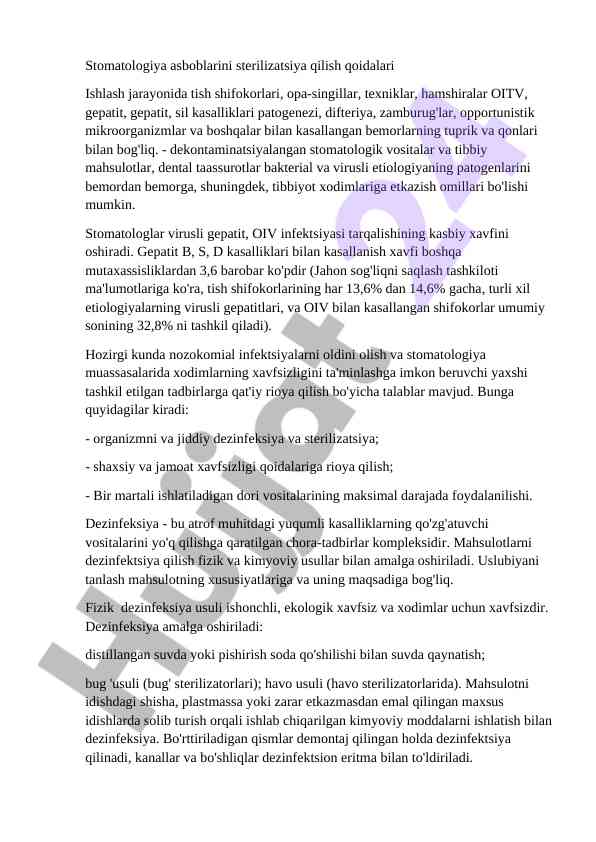 Stomatologiya asboblarini sterilizatsiya qoidalari