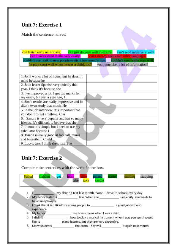 Unit 7: verbs and jobs exercise for students