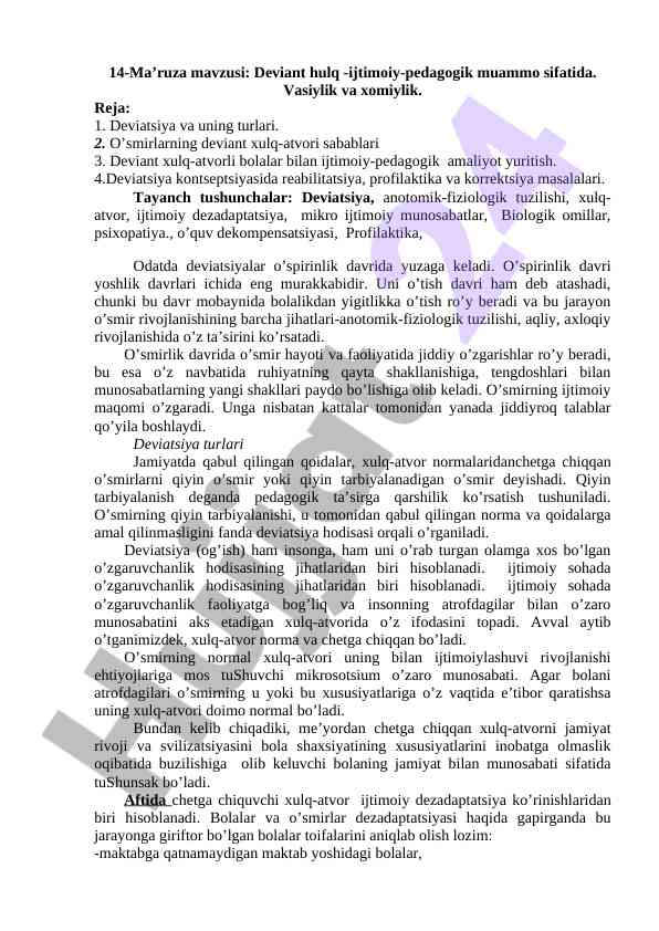Deviant xulq-ijtimoiy-pedagogik muammo tahlili