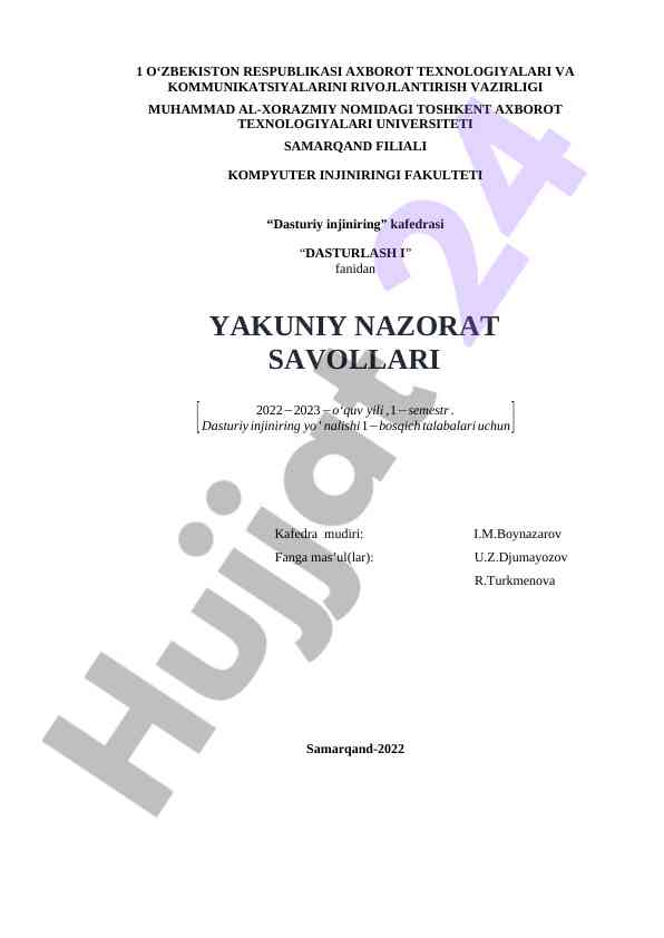 Dasturlash i fanidan yakuniy nazorat savollari