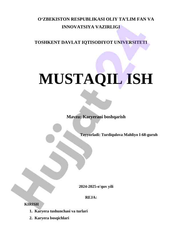 Karyerani boshqarish mavzusi bo‘yicha mustaqil ish