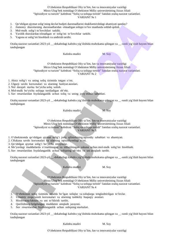 Soliq va soliqqa tortish fanidan oraliq nazorat varianti