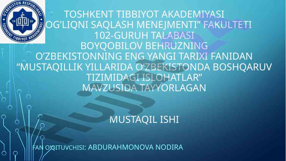 Mustaqillik yillarida o‘zbekistonda boshqaruv tizimidagi islohatlar