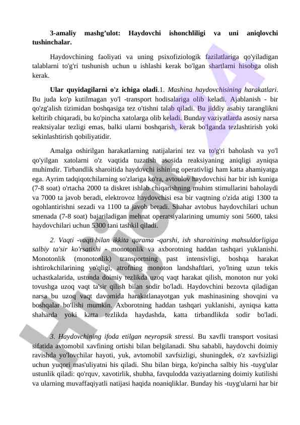 Haydovchi iste’dodlari va psixofiziologik talablar