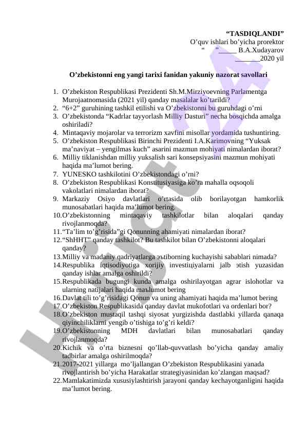 Oʻzbekistondagi yangi tarix fanidan nazorat savollari