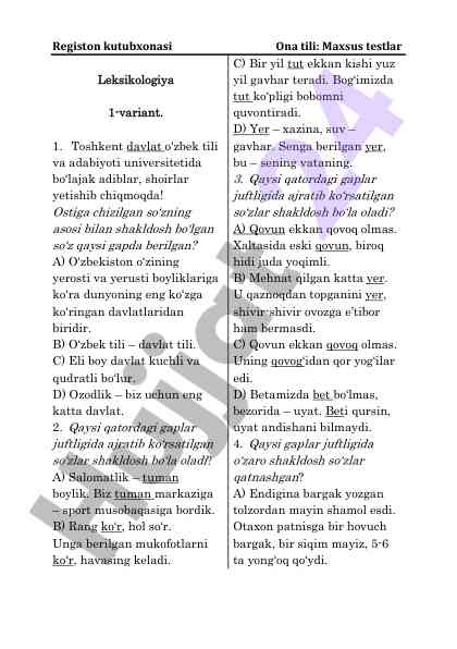 Maxsus testlar leksikologiya 1-variant