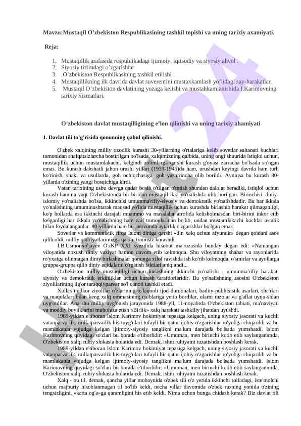 Mustaqil o’zbekiston tashkil topishi va tarixi