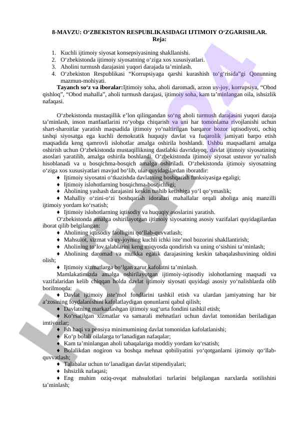 O‘zbekiston respublikasidagi ijtimoiy o‘zgarishlar tahlili