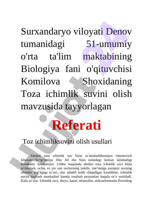Toza ichimlik suvini olish usullari