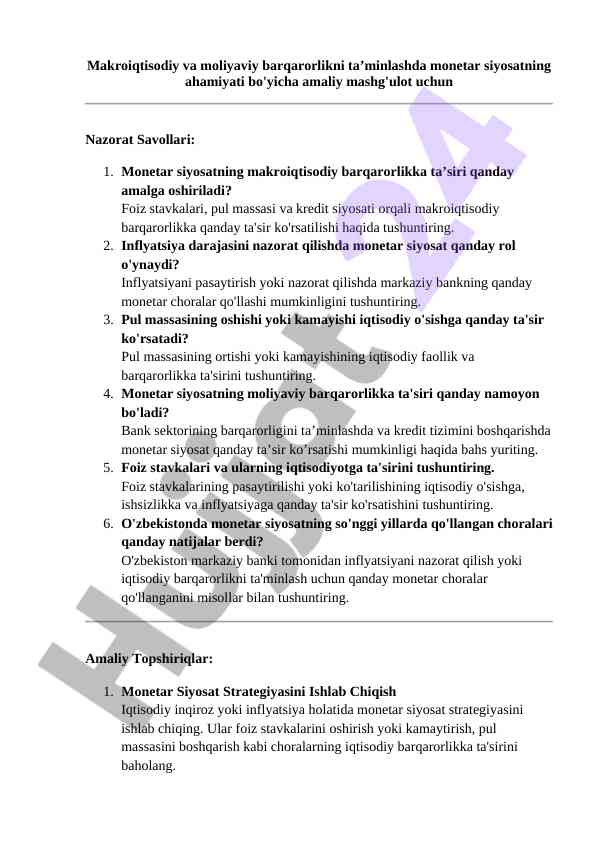 Monetar siyosat va makroiqtisodiy barqarorlik