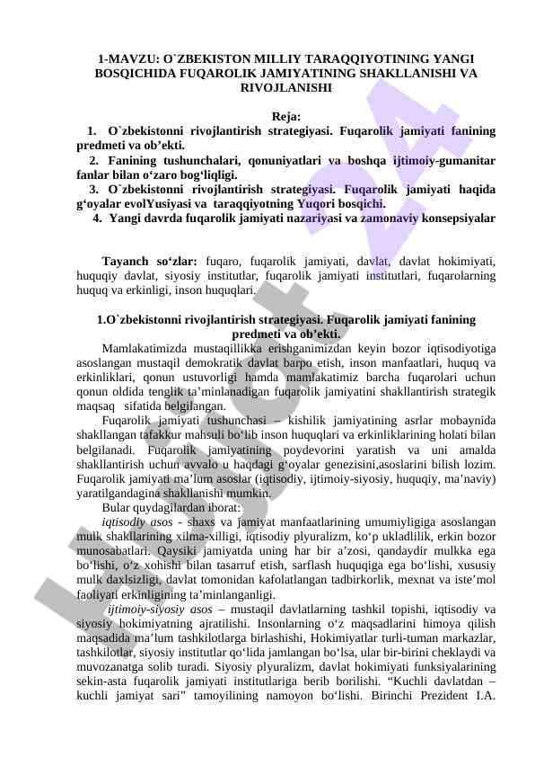 Fuqarolik jamiyatining rivojlanishi o‘zbekistonda