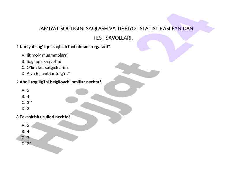Jamiyat sog'lig'i saqlash statistirasi test savollari