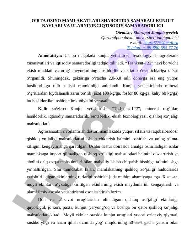 Kunjut yetishtirish texnologiyasi va iqtisodiy samaradorlik