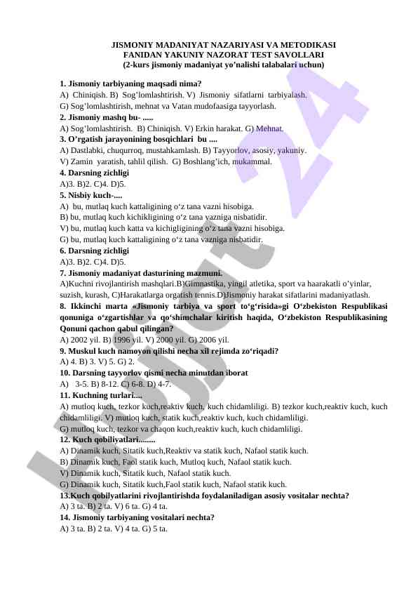 Jismoniy madaniyat nazariyasi test savollari