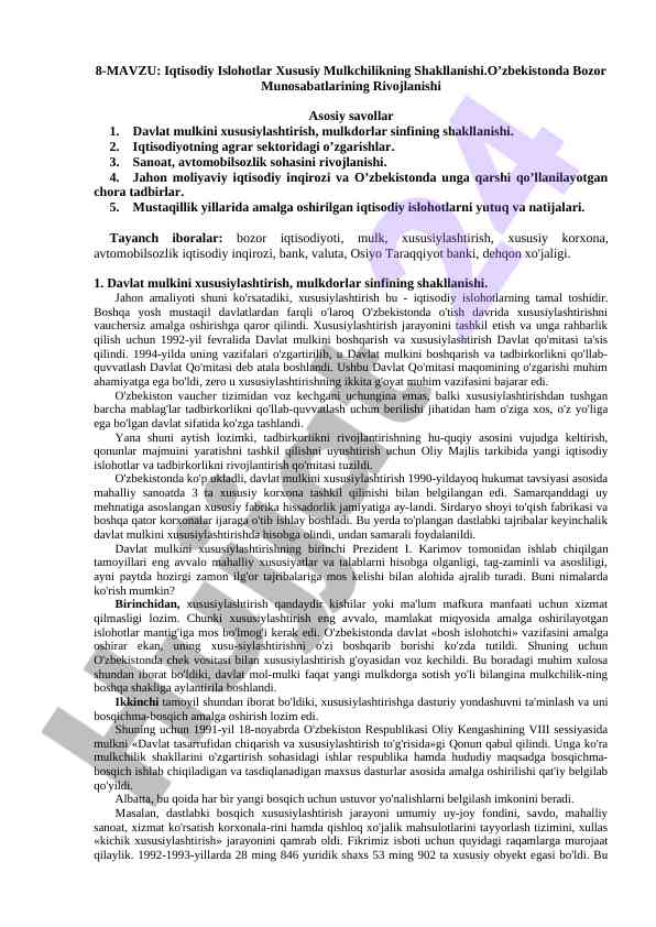Iqtisodiy islohotlar va xususiy mulkchilik