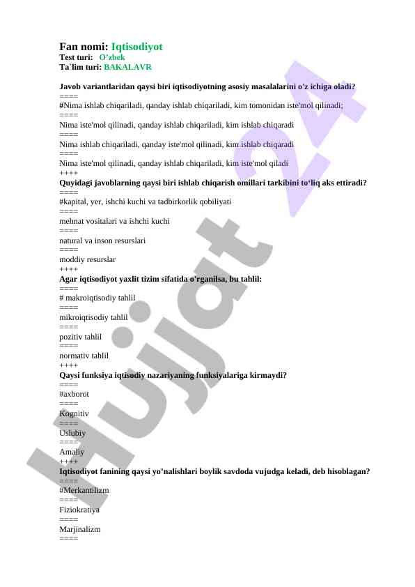 Iqtisodiyot testi bo'yicha savollar
