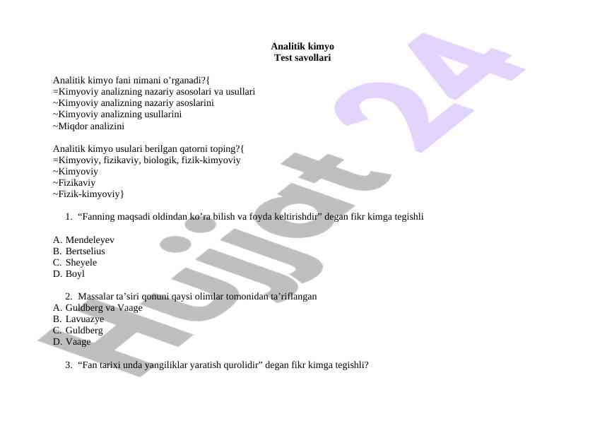 Analitik kimyo test savollari asoslari va usullari