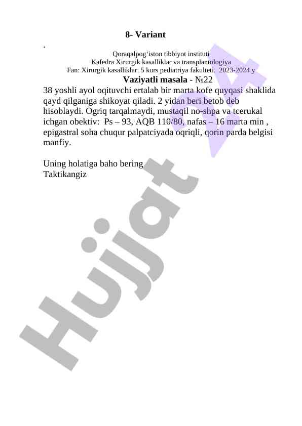 Kurs ishlari mavzusi: xirurgik kasalliklar tahlili
