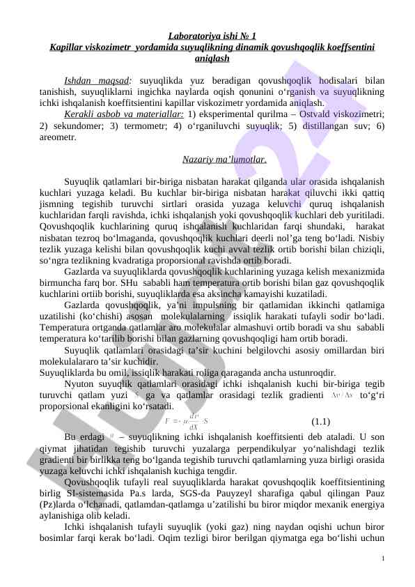 Kapillar viskoziometr yordamida suyuqlik dinamik qovushqoqligi