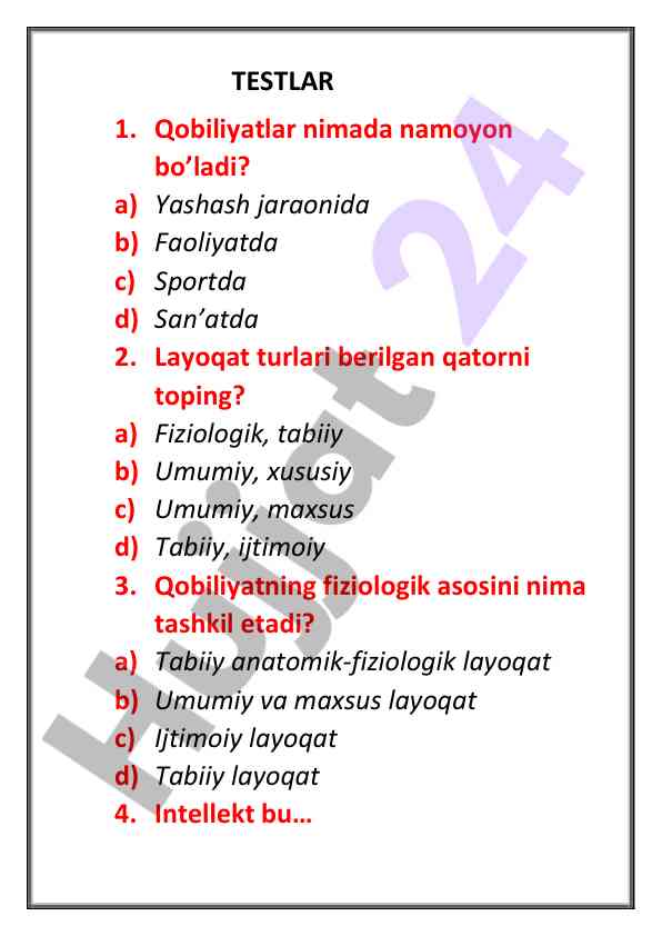 Qobiliyatlar va layoqat turlari haqida testlar