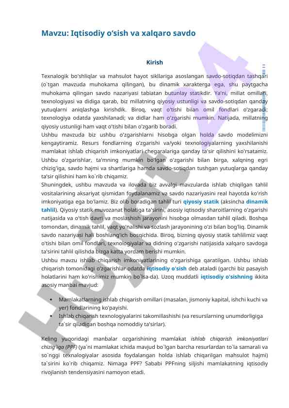 Iqtisodiy o‘sish va xalqaro savdo tahlili