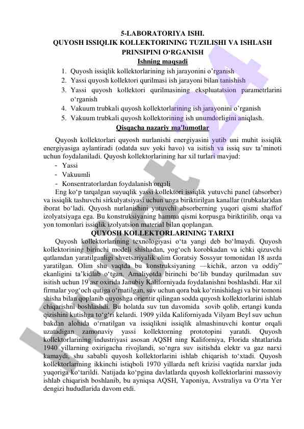 Quyosh issiqlik kollektorining tuzilishi va ishlash prinsipi