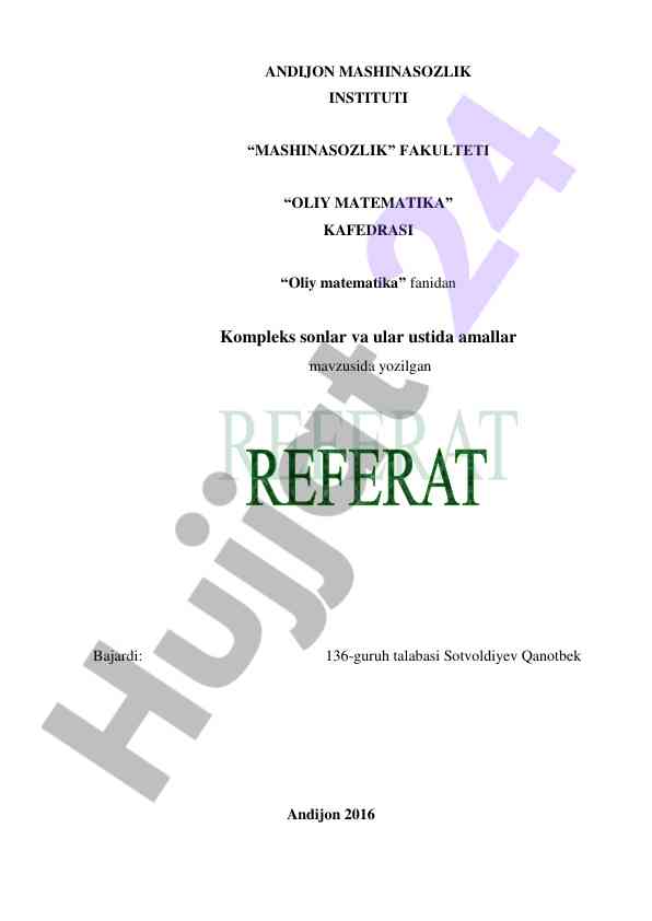 Kompleks sonlar va ular ustida amalning oliy matematika