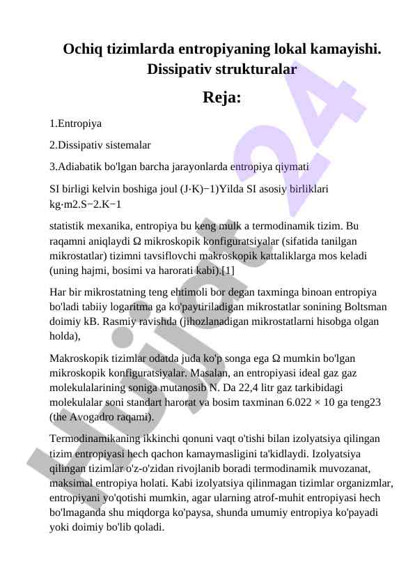 Entropiyaning lokal kamayishi ochiq tizimlarda