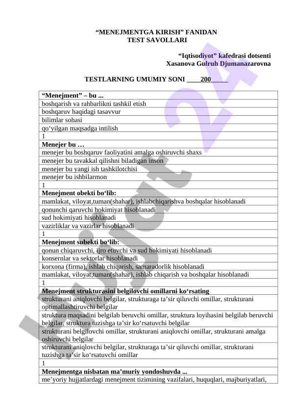 Menejmentga kirish fanidan test savollari