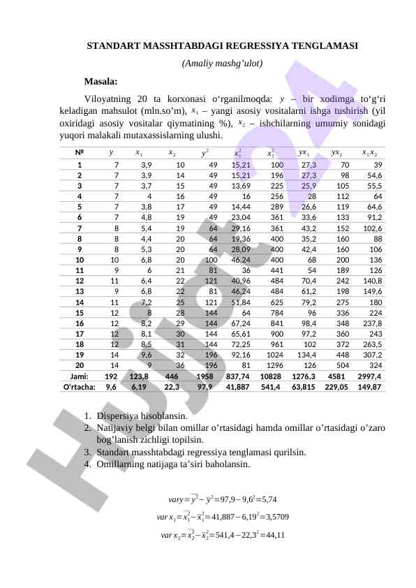 Standart Masshtabdagi Regressiya Tenglamasi