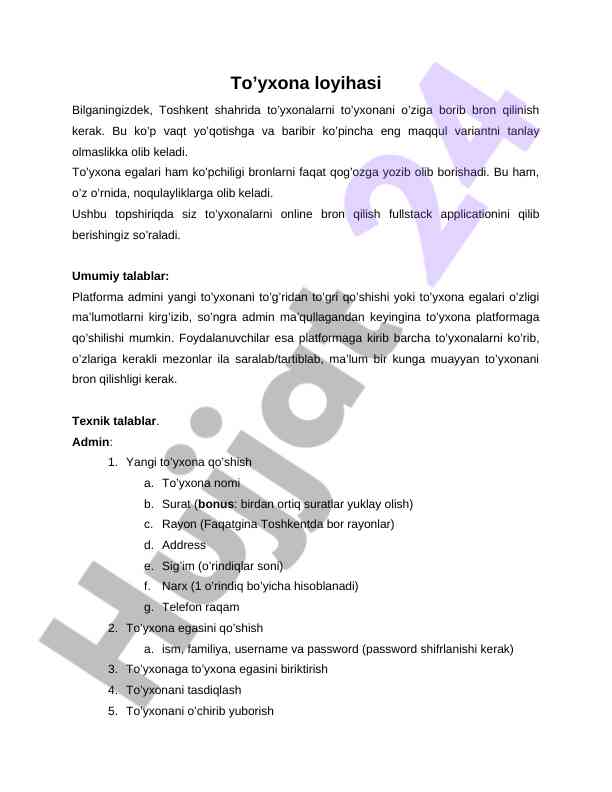 To’yxona loyihasi online bron qilish platformasi