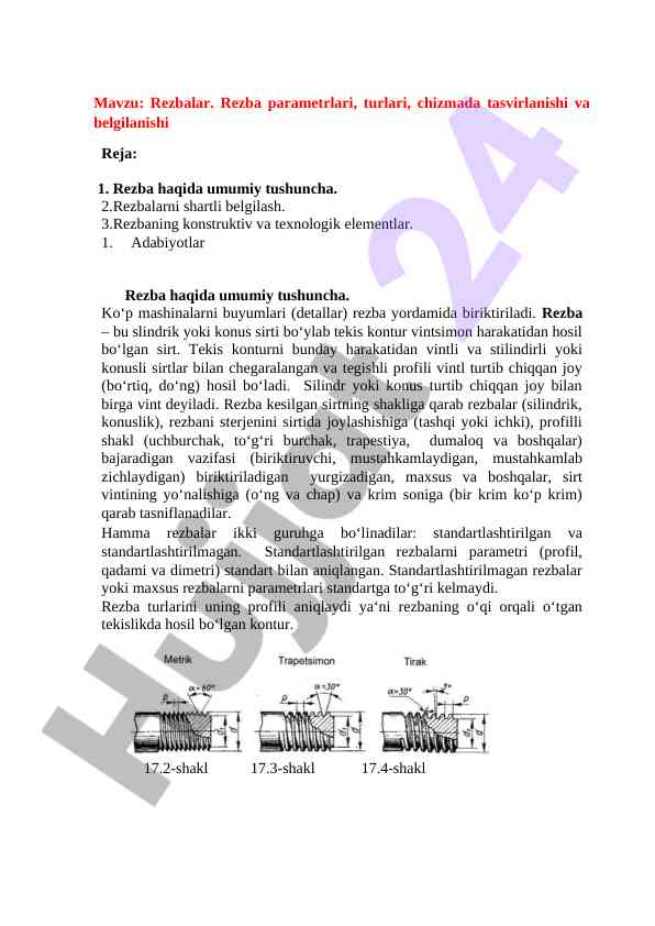 Rezbalar parametrlari va turlari taqdimoti