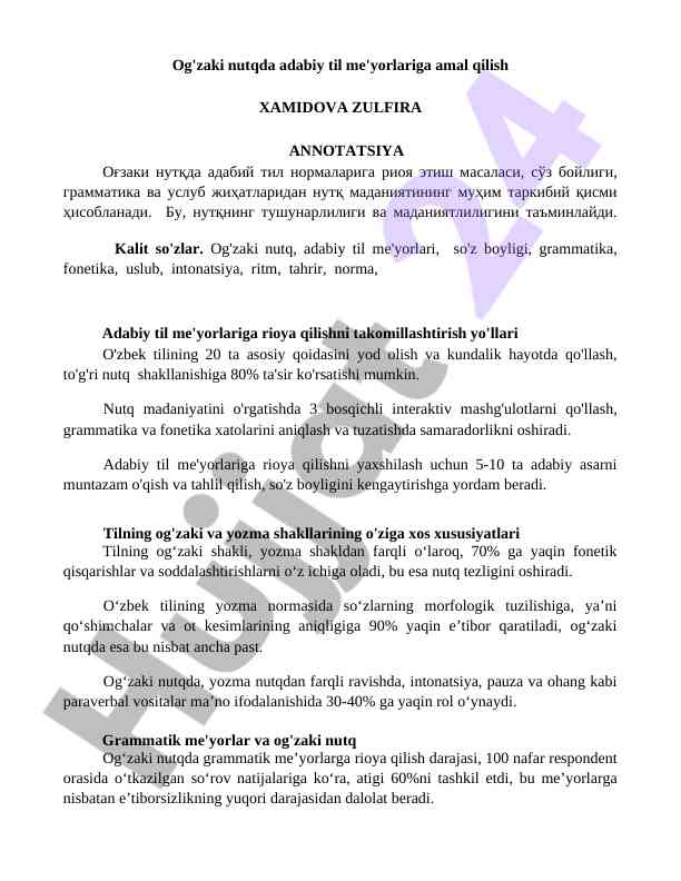 Og'zaki nutqda adabiy til me'yorlarini amal qilish