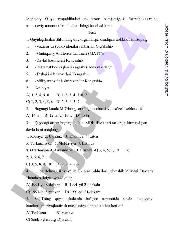 Markaziy osiyo mintaqaviy hamkorlik testi