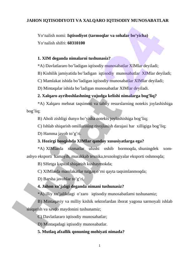 Jahon iqtisodiyoti va xalqaro iqtisodiy munosabatlar